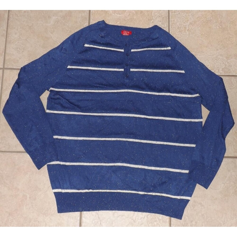 IZOD Mens Sz 2X Casual or Dress Speckled Blue Lightweight Cotton Henley Sweater